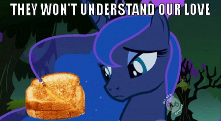Size: 450x247 | Tagged: animated, blinking, derpibooru import, edit, edited screencap, food, glorious grilled cheese, grilled cheese, hub logo, image macro, luna eclipsed, princess luna, safe, sandwich, screencap, solo