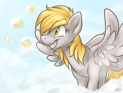 Size: 1024x768 | Tagged: safe, artist:fizzy-dog, derpibooru import, derpy hooves, pegasus, pony, bubble, cloud, cloudy, female, grin, mare, solo