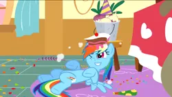 Size: 1136x640 | Tagged: derpibooru import, inverted mouth, on back, party of one, rainbow dash, safe, screencap