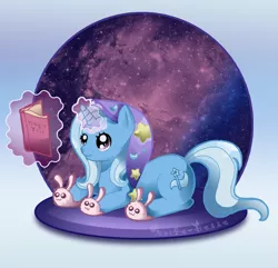 Size: 1018x982 | Tagged: safe, artist:aoife-belle, derpibooru import, trixie, pony, unicorn, book, bunny slippers, clothes, female, hat, magic, mare, nightcap, reading, slippers, solo