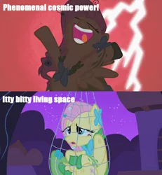 Size: 1266x1372 | Tagged: aladdin, bipedal, derpibooru import, dramatic lighting, edit, edited screencap, fluttershy, genie, image macro, lightning, movie quote, net, outstretched arms, quote, safe, scratches, screencap, solo, spread wings, the best night ever, wings