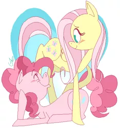Size: 489x522 | Tagged: safe, artist:stevetwisp, derpibooru import, fluttershy, pinkie pie, earth pony, pegasus, pony, blushing, eyes closed, female, flutterpie, lesbian, lying down, mare, shipping, simple background, smiling, white background