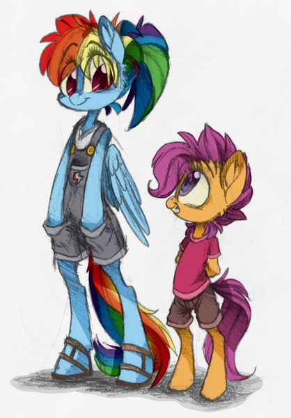 Size: 908x1303 | Tagged: alternate hairstyle, anthro, artist:xenon, bipedal, clothes, derpibooru import, overalls, rainbow dash, safe, scootaloo, skinny
