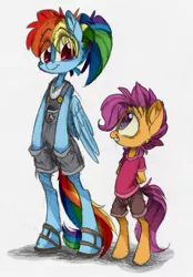 Size: 908x1303 | Tagged: alternate hairstyle, anthro, artist:xenon, bipedal, clothes, derpibooru import, overalls, rainbow dash, safe, scootaloo, skinny