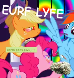 Size: 391x411 | Tagged: safe, derpibooru import, applejack, pinkie pie, rainbow dash, earth pony, pony, derpibooru, 420, comic sans, drugs, exploitable meme, junkie pie, marijuana, meta, pinkie high, tags, text