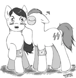 Size: 900x926 | Tagged: adolf hitler, artist:ottostahlherz, blushing, derpibooru import, floppy ears, frown, gay, heart, heinrich himmler, kissing, male, nazi, ponified, raised hoof, safe, shipping, swastika, why sid why, wide eyes