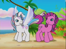 Size: 640x480 | Tagged: beach, butterfly island, derpibooru import, friends are never far away, g3, intertwined tails, knot, looking at each other, pegasus promise, safe, shipping fuel, skywishes, star catcher