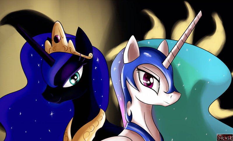 Size: 1151x697 | Tagged: safe, artist:dragk, derpibooru import, nightmare moon, princess celestia, alicorn, pony, accessory swap