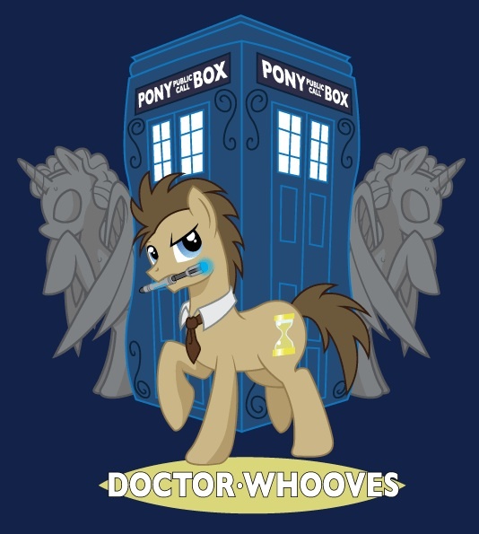 Size: 534x595 | Tagged: safe, artist:hezaa, derpibooru import, doctor whooves, time turner, earth pony, pony, blue background, crossover, doctor who, necktie, raised hoof, raised leg, sonic screwdriver, tardis, weeping angel, weeping angels