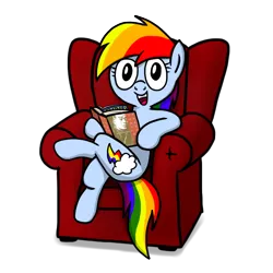 Size: 1024x1024 | Tagged: safe, artist:petirep, derpibooru import, rainbow dash, rainbow dash presents, book, chair, crossed legs, cutie mark, image, no iris, png, sitting