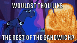 Size: 480x270 | Tagged: animated, derpibooru import, edit, edited screencap, epic wub time, glorious grilled cheese, grilled cheese, image macro, luna eclipsed, princess luna, safe, sandwich, screencap, tears of joy, vinyl scratch
