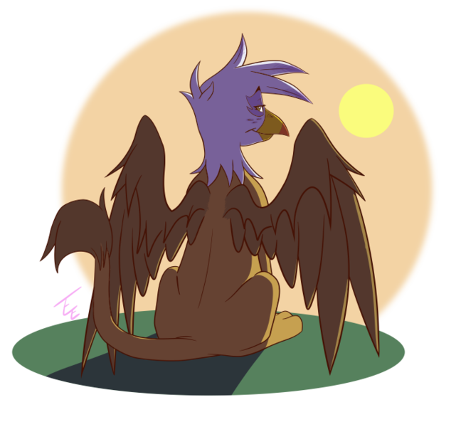 Size: 700x648 | Tagged: safe, artist:mithol, derpibooru import, gilda, gryphon, female, looking at you, looking back, looking back at you, solo, spread wings, sunrise, wings