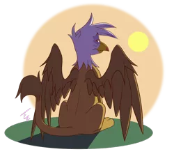 Size: 700x648 | Tagged: safe, artist:mithol, derpibooru import, gilda, gryphon, female, looking at you, looking back, looking back at you, solo, spread wings, sunrise, wings