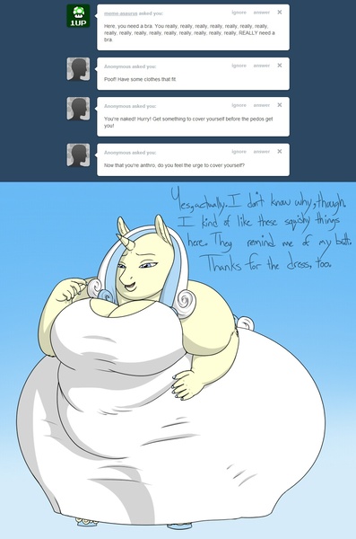 Size: 1000x1510 | Tagged: safe, artist:lesang, derpibooru import, oc, oc:belle bottom, unofficial characters only, anthro, plantigrade anthro, unicorn, ask belle bottom, clothes, dress, fat, impossibly large butt, impossibly wide hips, morbidly obese, obese, oblivious, wide hips
