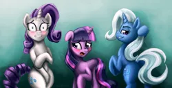 Size: 1600x818 | Tagged: safe, artist:pluckyninja, derpibooru import, rarity, trixie, twilight sparkle, pony, unicorn, blushing, covering, hilarious in hindsight, naked rarity, plot, twixity, we don't normally wear clothes