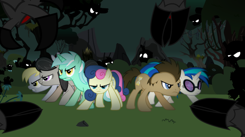 Size: 1280x720 | Tagged: safe, artist:mrflabbergasted, derpibooru import, bon bon, derpy hooves, doctor whooves, lyra heartstrings, octavia melody, sweetie drops, time turner, vinyl scratch, pegasus, pony, friendship is magic, background pony, background six, dark, everfree forest, female, forest, mane six, mare