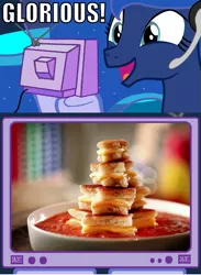 Size: 563x771 | Tagged: exploitable meme, gamer luna, glorious grilled cheese, grilled cheese, princess luna, safe, soup, stars, tomato soup, tv meme