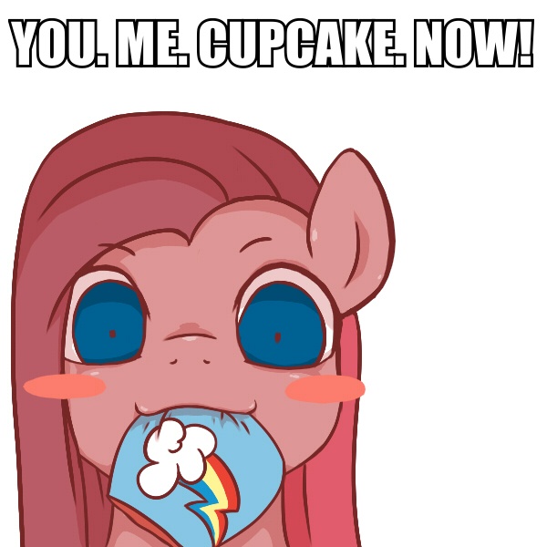 Size: 600x600 | Tagged: semi-grimdark, artist:rigi, derpibooru import, pinkie pie, rainbow dash, earth pony, pony, fanfic:cupcakes, blushing, bronybait, cute, female, grimcute, mare, meme, mouth hold, pinkamena diane pie, pixiv, shrunken pupils, you. me. x. now.