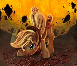 Size: 1334x1160 | Tagged: action pose, applejack, artist:tails1000, derpibooru import, face down ass up, fire, lava, safe, solo