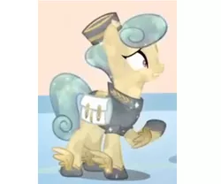 Size: 425x353 | Tagged: safe, derpibooru import, screencap, cinnabar, golden hooves, quicksilver, crystal pony, pony, games ponies play, background pony, clothes, cropped, female, mailpony, mare, raised hoof, solo, uniform