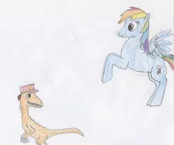 Size: 2757x2309 | Tagged: artist:wesdaaman, ashleigh ball, crossover, derpibooru import, dinosaur train, gilbert troodon, rainbow dash, safe, traditional art, troodon, voice actor joke