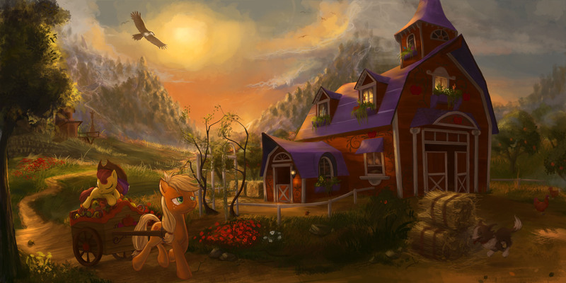 Size: 2340x1170 | Tagged: safe, artist:devinian, derpibooru import, apple bloom, applejack, winona, bird, chicken, eagle, earth pony, pony, accessory swap, apple, apple tree, barn, carrot house, cart, eyes closed, farm, female, filly, flower, hat, hay bale, mare, scenery, scenery porn, sleeping, sweet apple acres, tree, wagon, working