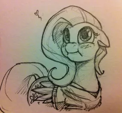 Size: 1280x1182 | Tagged: artist:cobaltsnow, blushing, bottomless, clothes, cute, derpibooru import, fluttershy, heart, monochrome, partial nudity, safe, scrunchy face, sketch, solo, sweater, sweatershy, traditional art