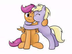 Size: 800x600 | Tagged: artist:pvryohei, derpibooru import, dinky hooves, dinkyloo, female, hug, kissing, lesbian, one eye open, on hind legs, safe, scootaloo, shipping, simple background, sitting