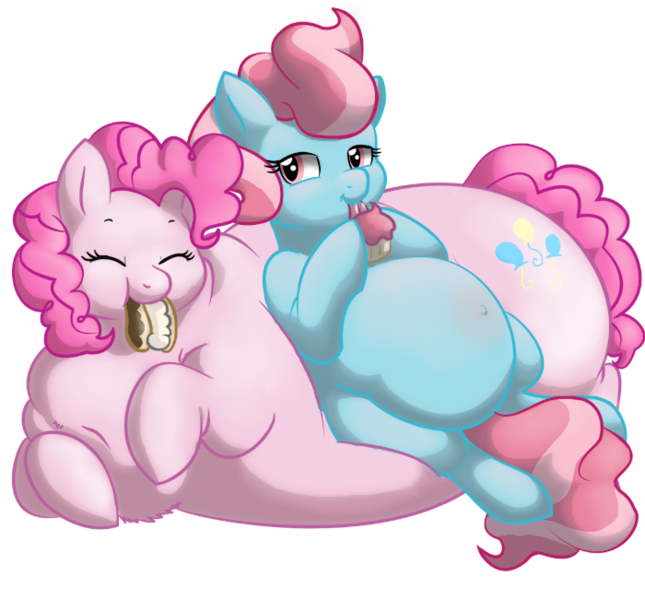 Size: 700x651 | Tagged: safe, artist:defenceless, derpibooru import, cup cake, pinkie pie, earth pony, pony, belly, belly bed, big belly, chubby cheeks, cupcake, cute, cute cake, dessert, diapinkes, duo, duo female, eating, eclair, eyes closed, fat, feeding, female, impossibly large belly, mare, morbidly obese, obese, piggy pie, pudgy pie, thick cup cake, weight gain