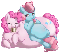 Size: 700x651 | Tagged: safe, artist:defenceless, derpibooru import, cup cake, pinkie pie, earth pony, pony, belly, belly bed, big belly, chubby cheeks, cupcake, cute, cute cake, dessert, diapinkes, duo, duo female, eating, eclair, eyes closed, fat, feeding, female, impossibly large belly, mare, morbidly obese, obese, piggy pie, pudgy pie, thick cup cake, weight gain
