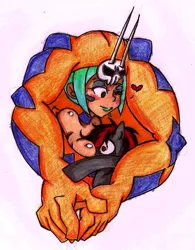 Size: 749x960 | Tagged: artist:zeferx, boob smothering, cerebella, derpibooru import, heart, hug, human, oc, safe, skullgirls, unofficial characters only, vice-versa, wink