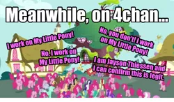 Size: 500x292 | Tagged: safe, derpibooru import, edit, edited screencap, screencap, amethyst star, cherry berry, cherry cola, cherry fizzy, compass star, lemon hearts, lyra heartstrings, mr. waddle, pinkie pie, rarity, spike, spring melody, sprinkle medley, twilight sparkle, earth pony, pegasus, pony, unicorn, too many pinkie pies, /mlp/, 4chan, background pony, clone, female, golden oaks library, jayson thiessen, male, mare, multeity, pinkie clone, stallion, title drop, too much pink energy is dangerous