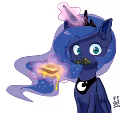 Size: 500x465 | Tagged: artist:chinad011, caught, derpibooru import, eating, food, glorious grilled cheese, grilled cheese, looking at you, magic, pixiv, princess luna, safe, signed, simple background, sitting, solo