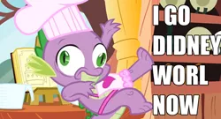 Size: 500x269 | Tagged: apron, caption, chef, chef's hat, clothes, derp, derpibooru import, didney worl, dragon, edit, edited screencap, hat, image macro, just for sidekicks, male, naked apron, safe, screencap, solo, spike