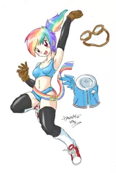 Size: 2213x3299 | Tagged: armpits, artist:danmakuman, belly button, cleavage, clothes, converse, female, humanized, midriff, rainbow dash, safe, shoes, sneakers, sports bra