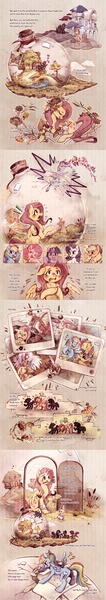 Size: 669x3802 | Tagged: safe, artist:mi-eau, derpibooru import, angel bunny, applejack, basil, fluttershy, gilda, pinkie pie, rainbow dash, rarity, tank, twilight sparkle, bird, butterfly, dragon, earth pony, gryphon, hummingbird, owl, pegasus, pony, unicorn, bandaid, cloud, cloudsdale, comic, cute, daily deviation, female, floral head wreath, flower, fluttershy's cottage, flying, introversion, jar, mane six, mare, shyabetes, unicorn twilight