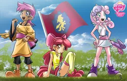 Size: 1280x824 | Tagged: apple bloom, artist:mauroz, bow, clothes, cloud, cutie mark crusaders, derpibooru import, dress, female, flag, grass, hair bow, human, humanized, looking at you, open mouth, safe, schrödinger's pantsu, scootaloo, skirt, sky, sweetie belle, tree, zettai ryouiki
