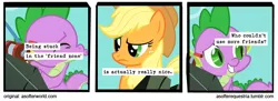 Size: 720x261 | Tagged: a dog and pony show, applejack, a softer world, comic, comic:a softer equestria, derpibooru import, edit, edited screencap, friendzone, safe, screencap, screencap comic, spike