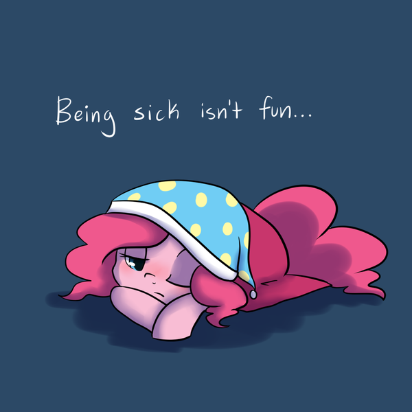 Size: 1000x1000 | Tagged: artist:maplesunrise, ask snuggle pie, blanket, blue background, blushing, cute, derpibooru import, diapinkes, hat, nightcap, one eye closed, pinkie pie, prone, safe, sick, simple background, solo, truth