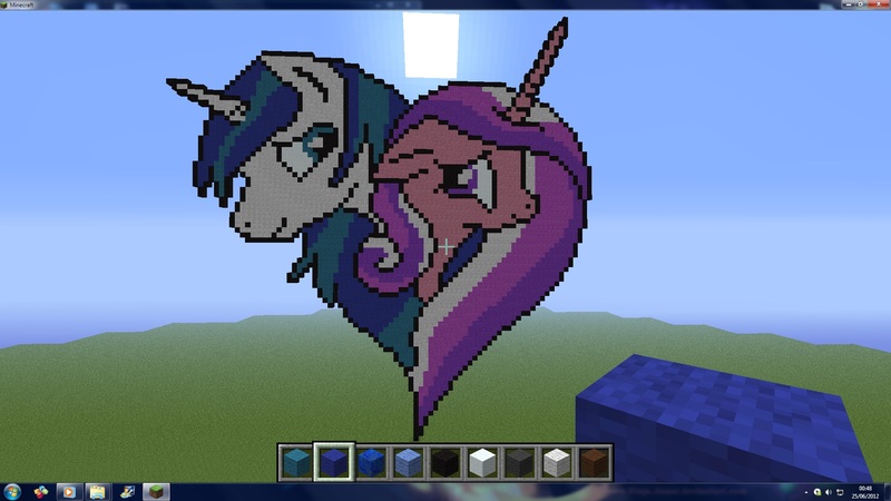 Size: 1920x1080 | Tagged: artist:confusedmissflower, derpibooru import, duo, female, game screencap, heart, male, minecraft, minecraft pixel art, pixel art, princess cadance, safe, shining armor, shiningcadance, shipping, straight