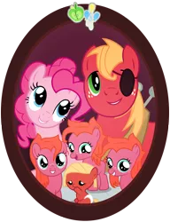 Size: 1000x1300 | Tagged: safe, artist:anarchemitis, derpibooru import, big macintosh, pinkie pie, earth pony, pony, bust, cutie mark, daughter, eyepatch, family photo, male, offspring, parent:big macintosh, parent:pinkie pie, parents:pinkiemac, pinkiemac, portrait, shipping, simple background, stallion, straight, transparent background, triplets