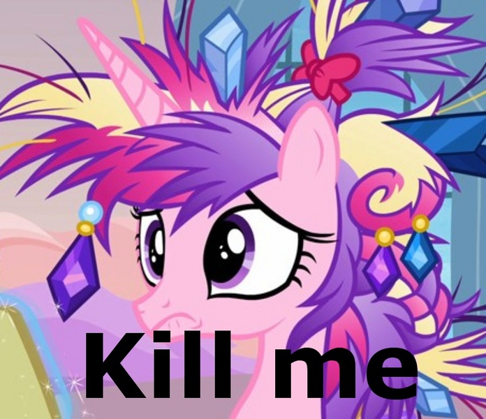 Size: 830x716 | Tagged: safe, derpibooru import, edit, edited screencap, screencap, princess cadance, pony, games ponies play, bad hair, caption, female, frown, kill me, mare, solo