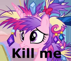 Size: 830x716 | Tagged: safe, derpibooru import, edit, edited screencap, screencap, princess cadance, pony, games ponies play, bad hair, caption, female, frown, kill me, mare, solo