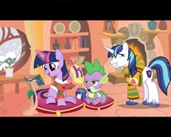 Size: 1280x1024 | Tagged: artist:niggerfaggot, book, clothes, derpibooru import, fake screencap, golden oaks library, hub logo, knitting, magic, safe, shining armor, spike, sweater, twilight sparkle, yarn