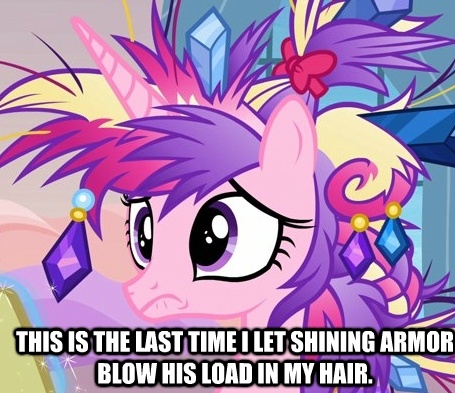 Size: 455x393 | Tagged: all caps, bad hair, caption, derpibooru import, edit, edited screencap, frown, games ponies play, image macro, princess cadance, questionable, screencap, shining armor, silly