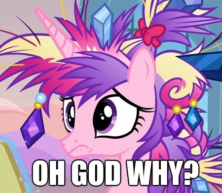 Size: 450x391 | Tagged: all caps, bad hair, caption, derpibooru import, edit, edited screencap, frown, games ponies play, image macro, princess cadance, safe, screencap, why