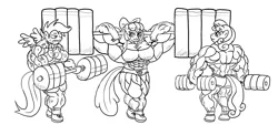 Size: 1920x866 | Tagged: anthro, apple bloom, apple brawn, artist:wobbleblot-alt, breasts, buff breasts, cutie mark crusaders, derpibooru import, muscles, overdeveloped muscles, scootaloo, strongaloo, suggestive, sweetie barbell, sweetie belle, wip