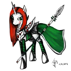 Size: 2000x2000 | Tagged: safe, artist:dalagar, derpibooru import, ponified, eldar, unicorn, armor, biel tan, clothes, dawn of war, farseer, farseer macha, female, mare, simple background, solo, spear, warhammer (game), warhammer 40k, white background