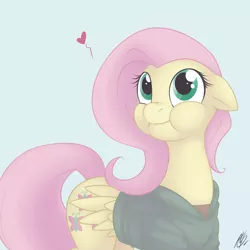 Size: 1000x1000 | Tagged: artist:cobaltsnow, bottomless, clothes, colored, cute, derpibooru import, fluttershy, heart, partial nudity, puffy cheeks, safe, scrunchy face, solo, sweater, sweatershy