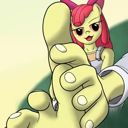 Size: 1239x1239 | Tagged: dead source, suggestive, artist:dactdigityl, derpibooru import, apple bloom, anthro, earth pony, plantigrade anthro, barefoot, bow, feet, foal, foalcon, foot fetish, foot focus, foot tease, hair bow, sexy, toenails, toes